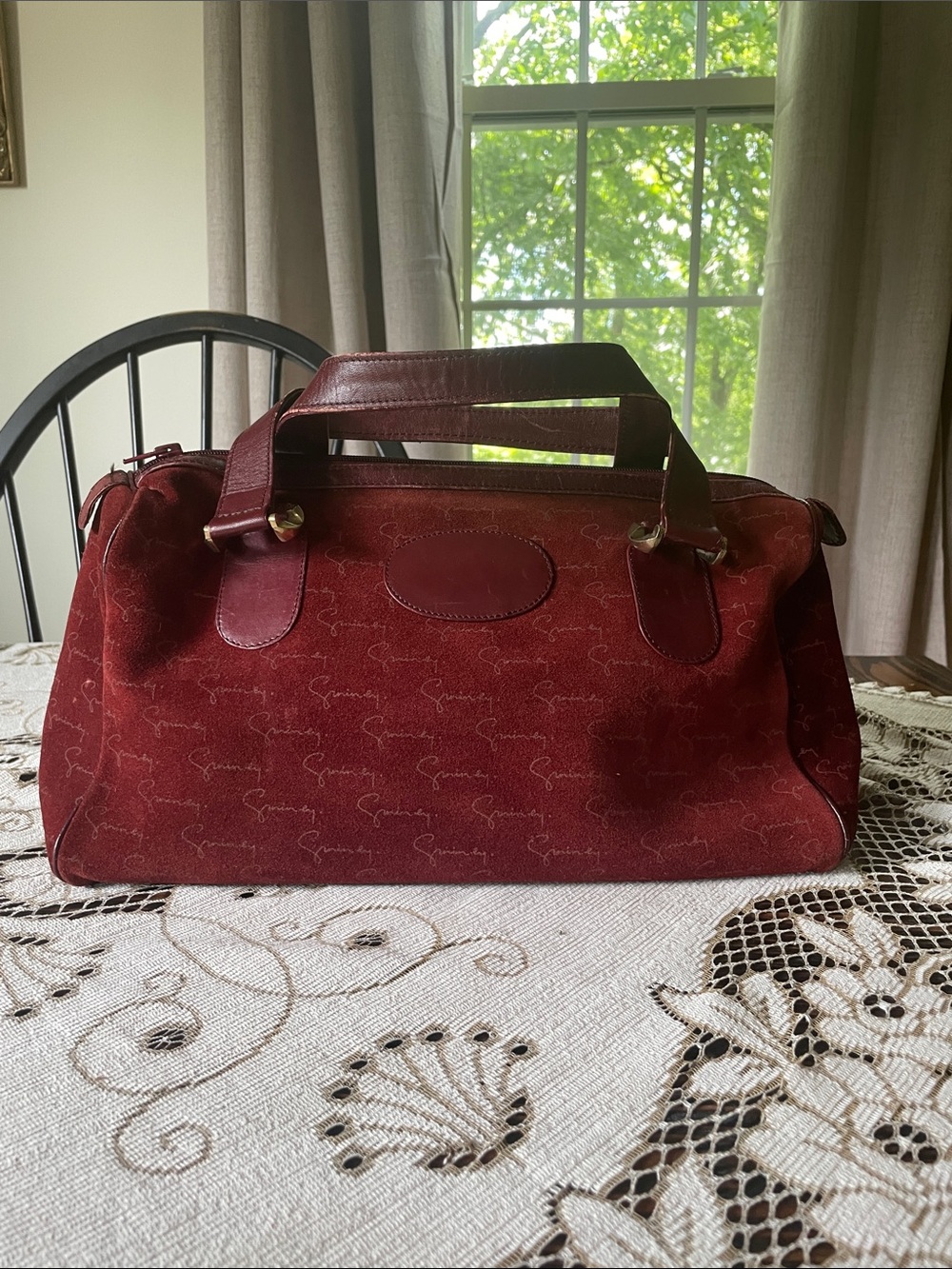 Givenchy Burgundy Suede Calfskin Monogram Vintage Bowling Satchel Bag